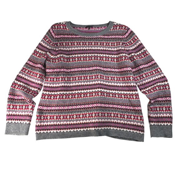 Talbots XL Sweater Womens Gray Pink Fair Isle Knit Long Sleeve Pullover - Picture 1 of 5